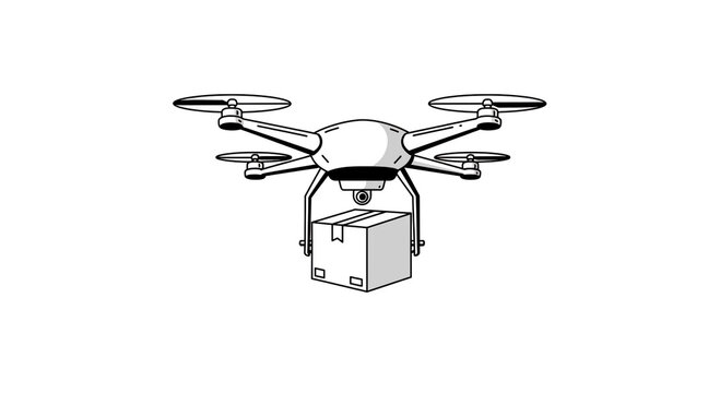 Fototapeta A drone carrying a package suspended below it on a white background view