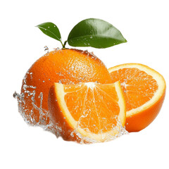 Juicy oranges splashing in water fresh citrus fruit slices