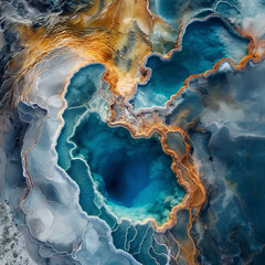 Azure Earth's Embrace: An aerial panorama of a geothermal spring, showcasing a stunning display of intricate mineral formations and vivid turquoise waters, a true spectacle of the Earth's artistry.