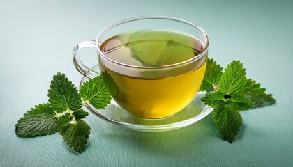 a cup of green herbal tea is shown as a hot drink isolated on a background with modern melissa or mint leaves in the hot beverage