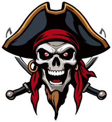 Angry Pirate Skull Vector with Beard, Tricorn Hat, Red Bandana and Crossed Swords