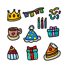 Hand-Drawn Doodle Birthday Celebration Illustrations of Party Elements and Decorations
