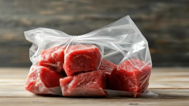 Fresh raw beef meat cubes transparent plastic bag wooden table, ready for cooking or freezing, with rustic background and natural light, highlighting fresh food ingredient and protein for meal