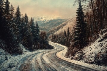 Winter Roadway. Icy Mountain Road through Forest in Winter Landscape