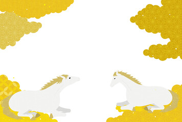 2026年午年年賀状、横たわる白馬と和柄雲海の年賀状素材