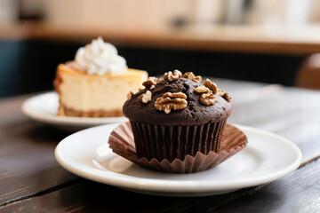 beautifully composed dessert scene featuring a rich dark chocolate muffin as the star escena de postre bellamente compuesta con una rica magdalena de chocolate negro como protagonista scène dessert