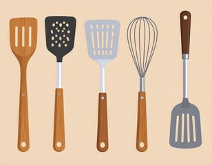 Different Types Of Kitchen Utensils On Beige Background