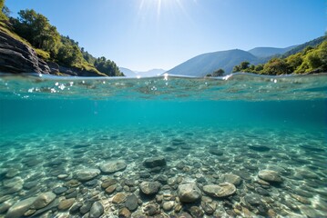 Fototapeta premium Serene Crystal River: Half-Underwater View with Sunlight and Pebbles