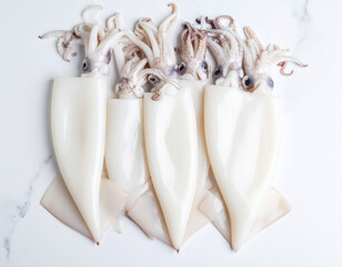 AI generated top view of fresh whole splendid squid with glossy skin and delicate tentacles arranged neatly showcasing premium seafood against clean white background