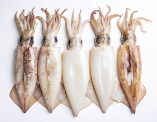 AI generated top view of fresh whole soft cuttlefish with smooth skin and distinctive shape arranged neatly showcasing premium seafood against clean white background