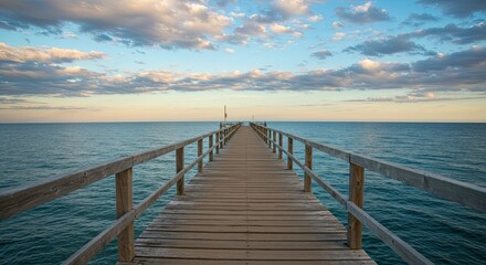Obraz premium Wooden pier extending over calm blue ocean towards the horizon under a cloudy sky