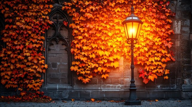 Autumnal charm: Illuminated lantern against ivy-covered wall creates a cozy ambiance