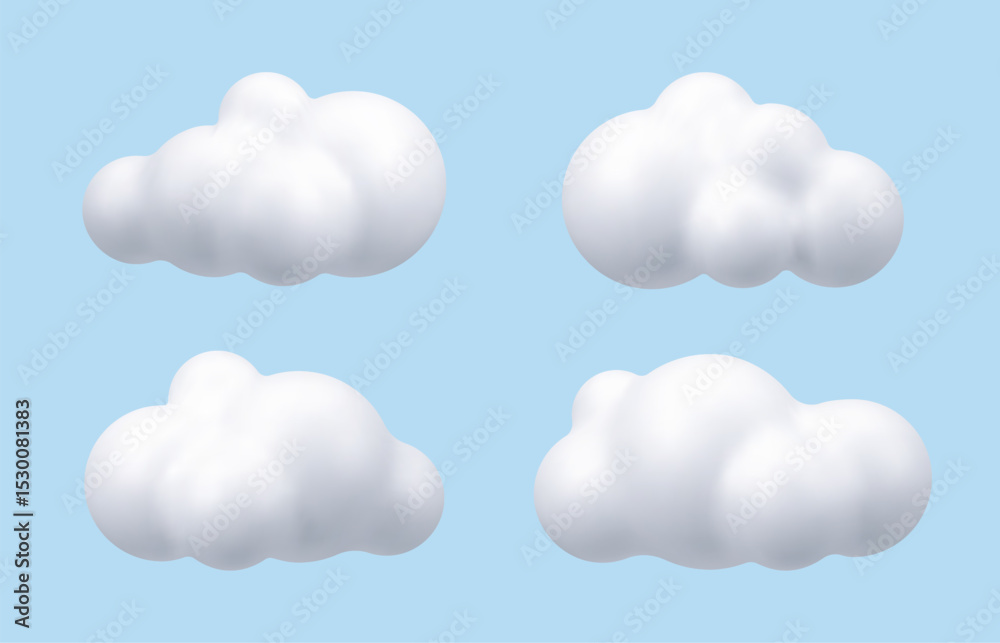 Poster 3d cloud vector render cartoon on blue background illustration. cartoon clouds set art. weather conc