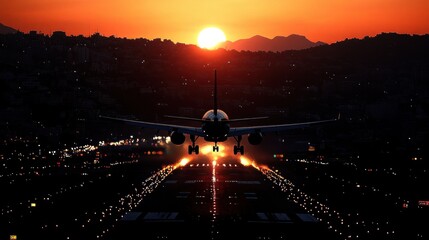 Airplane landing at sunset, silhouetted against fiery sky.