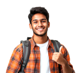 Cheerful student giving thumbs up indoor setting portrait bright atmosphere isolated on transparent background