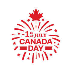 Red canada day greeting design with maple leaf and firework pattern. July first celebration banner for national holiday. Vector Illustration.