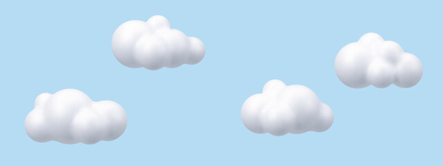 White fluffy cloud vector render cartoon illustration set on a pastel blue background. Sky design element for web, app, ui, ux.