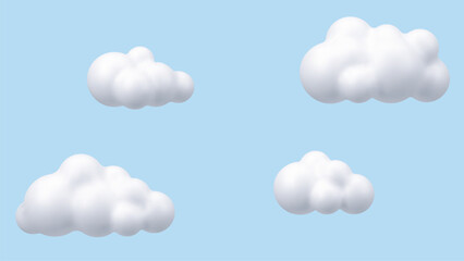 Set of four white volumetric 3d rendered clouds on a light blue background. Cartoon fluffy cloud design for cute digital art. Vector graphics. 