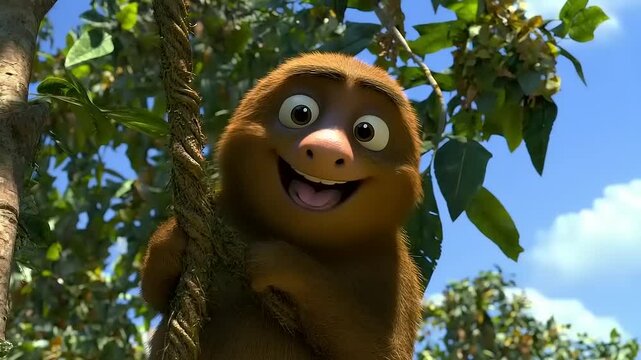 Adorable Animated Sloth Hanging on a Tree Branch