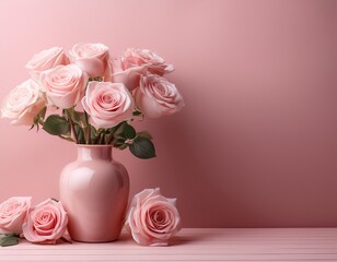 pastel pink roses in a subtle pink vase textured pink backdrop blossom spring pastel