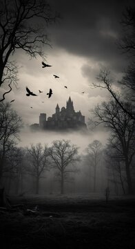 Fototapeta Spooky haunted castle in a dense forest with bare trees and dark fog, flying crows indicate Halloween. Scary scene.