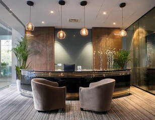elegant reception lounge with a glass topped reception desk velvet chairs and modern sconces task lighting highlights the desk while ambient lighting creates