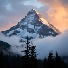 A dramatic landscape photograph captures the majesty of "Mount Cinderpeak" at sunrise. 