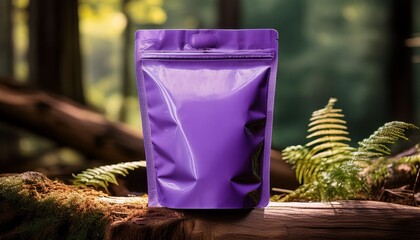mockup purple food standing pouch standing on a piece of wood in the forest ai generated images