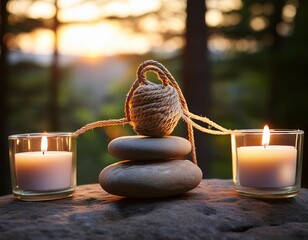 peaceful meditation stone adorned with rope and candles in nature