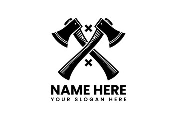Bold black silhouette vector logo of two crossed axes, symbolizing strength, wilderness, and traditional craftsmanship. Outdoor and labor concept
