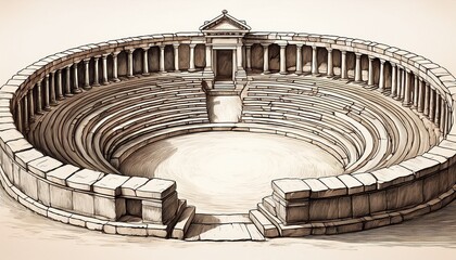 hand drawn illustration of ancient stone seating structures in a circular layout
