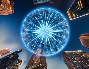 spiky ball buildings light sphere expanding with energy in city at night possibly for visual effect