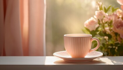 warm sunlight glow on coffee mug pastel feminine stock photo