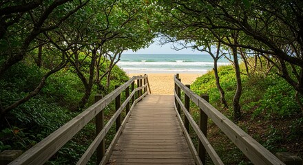 Obraz premium Wooden boardwalk leading to a sandy beach under the canopy of green trees