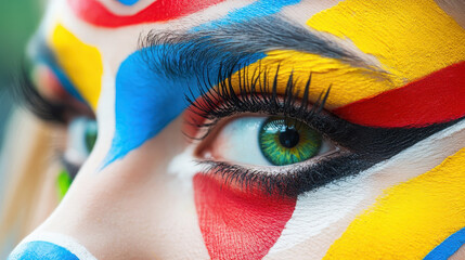 Extreme closeup of a woman with colorful face paint. in yellows, reds, and blues. Green eyes.