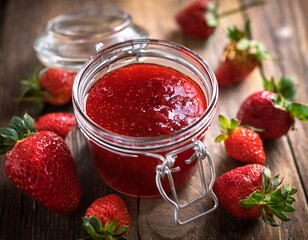 fresh strawberry jam in jar surrounded by ripe strawberries on rustic wooden table evoking sense of homemade goodness and natural sweetness