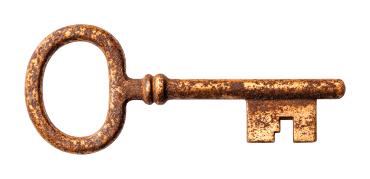 Ancient key discovery historical site rustic environment symbol of secrets isolated on transparent background