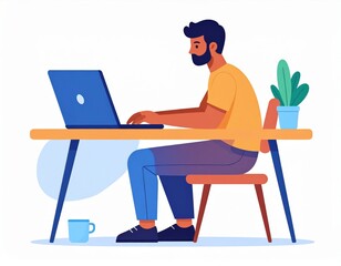 Man Working On Laptop At Desk Illustration