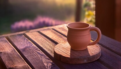 warm sunlight clay mug wooden texture pink lavender hues tilt shift photography