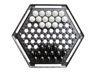 Top view of Abalone board game with black and white marbles arranged on a hexagonal board, isolated on transparent background