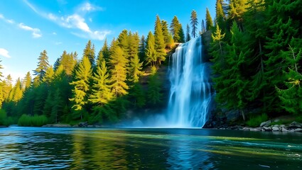 "Serene River Flowing from a Majestic Waterfall Amidst Tall Spruces"