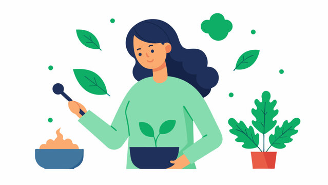 Depict a person cooking with herbs and es as they contain antiinflammatory compounds that protect the brain and improve cognitive function.. Vector illustration