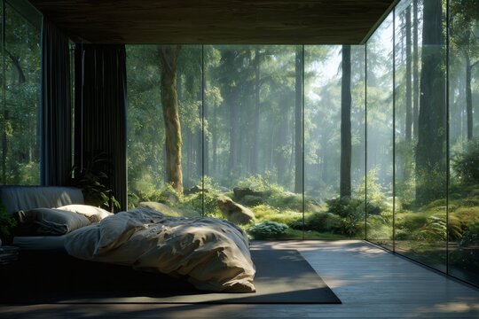 A serene bedroom features floor-to-ceiling windows opening to a lush forest, blending indoor comfort with natural tranquility.
