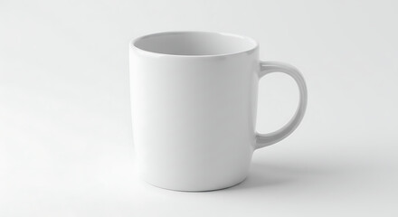 Fototapeta premium A classic blank white ceramic coffee mug with a handle, isolated on a clean white background. Perfect for mockups, branding, and hot beverages. 