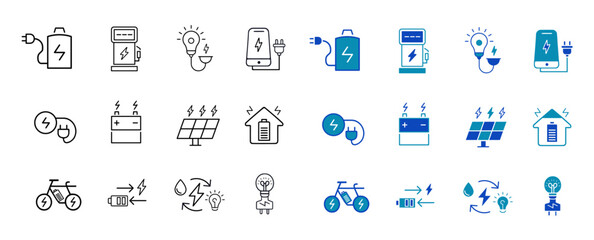 Charging solid and line icons set. Charge, battery, energy, electricity, charger, recharge, electric car and charging station symbols. Editable Vector illustration
