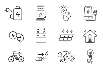 Charging line icons set. Charge, battery, energy, electricity, charger, recharge, electric car and charging station symbols. Editable Vector illustration