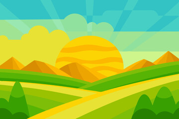 Fototapeta premium Serene Village Animation Video Background with Green Fields Vector
