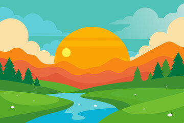 Obraz premium Warm Sunset Meadow Animation Video Background by River Vector Illustration