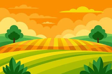 Obraz premium Scenic Farm Field Animation Video Background with Golden Sky Vector Art