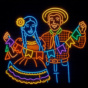 Neon Couple Holding Festa Junina Flags on Brick Wall